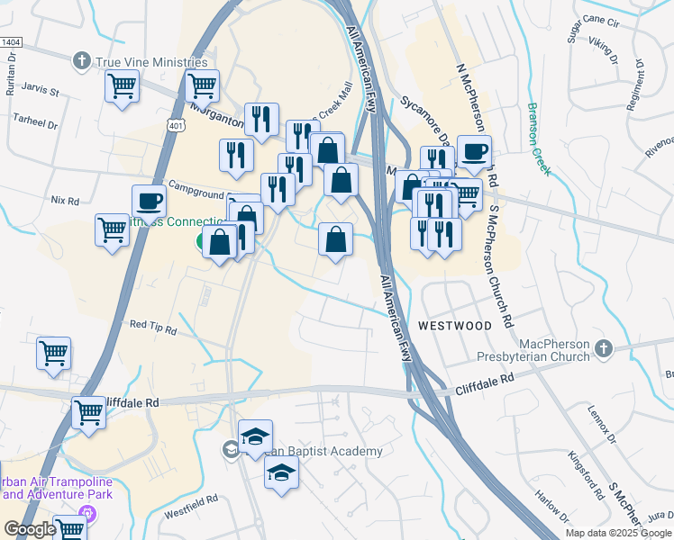 map of restaurants, bars, coffee shops, grocery stores, and more near 255 Glensford Drive in Fayetteville