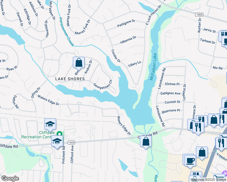 map of restaurants, bars, coffee shops, grocery stores, and more near 3317 Harbour Pointe Place in Fayetteville