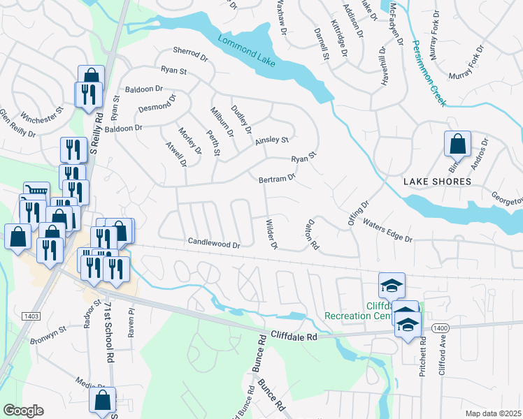 map of restaurants, bars, coffee shops, grocery stores, and more near 6860 Candlewood Drive in Fayetteville