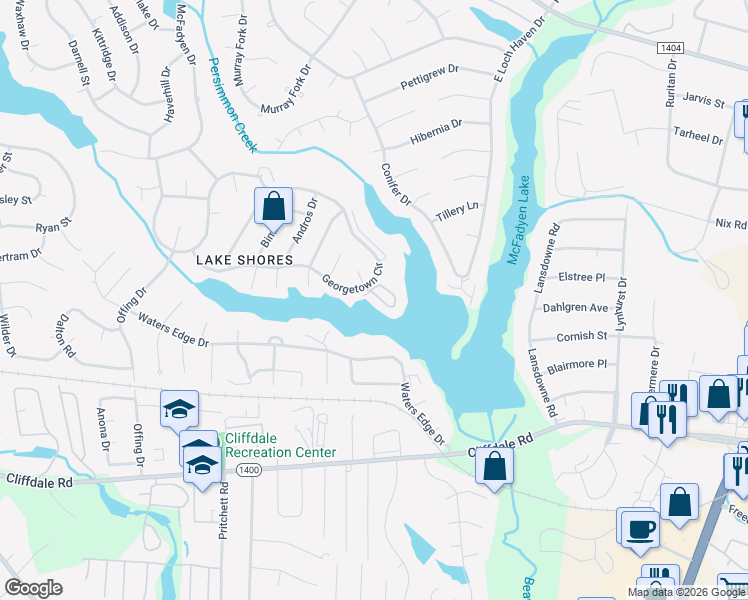 map of restaurants, bars, coffee shops, grocery stores, and more near 605 Georgetown Circle in Fayetteville