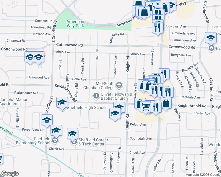 map of restaurants, bars, coffee shops, grocery stores, and more near 3110 Knightway Road in Memphis