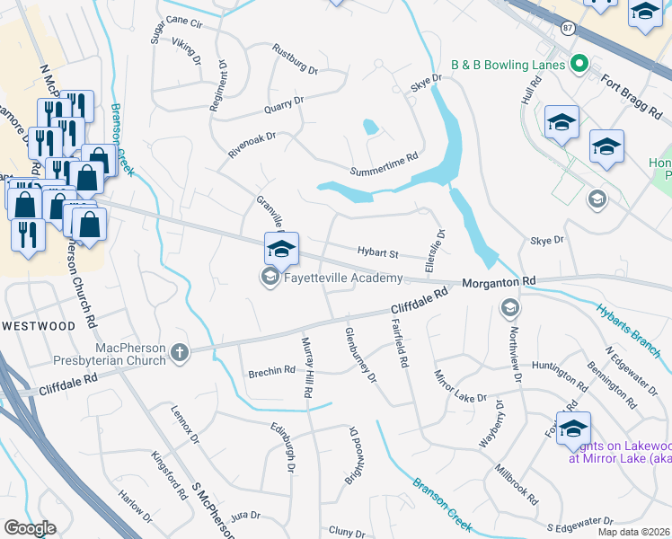 map of restaurants, bars, coffee shops, grocery stores, and more near 109 South Herndon Street in Fayetteville