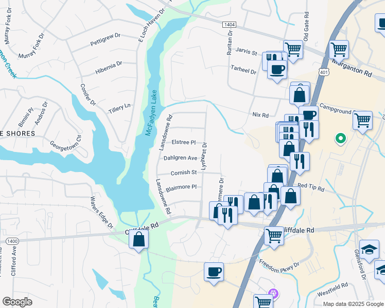 map of restaurants, bars, coffee shops, grocery stores, and more near 6010 Dahlgren Avenue in Fayetteville