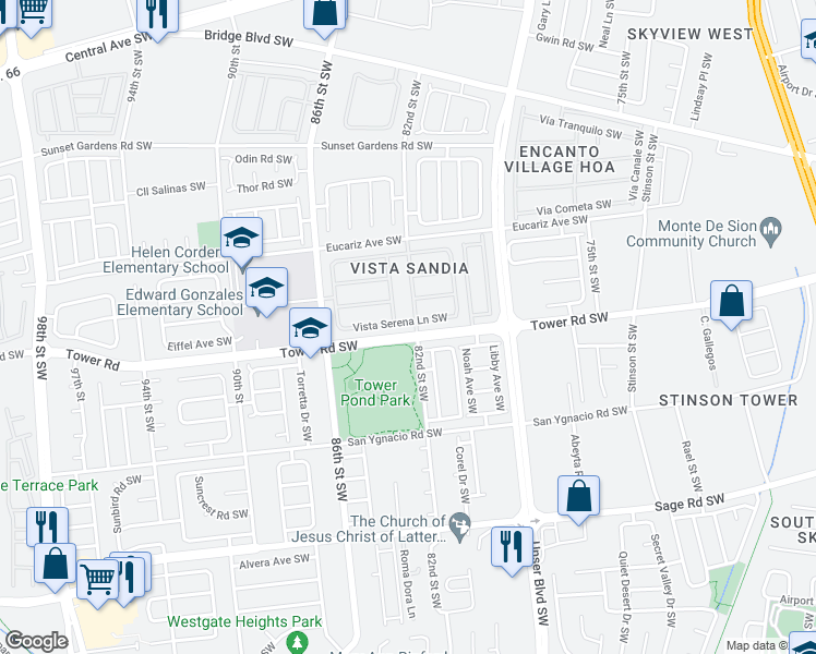 map of restaurants, bars, coffee shops, grocery stores, and more near 8204 Vista Serena Lane Southwest in Albuquerque