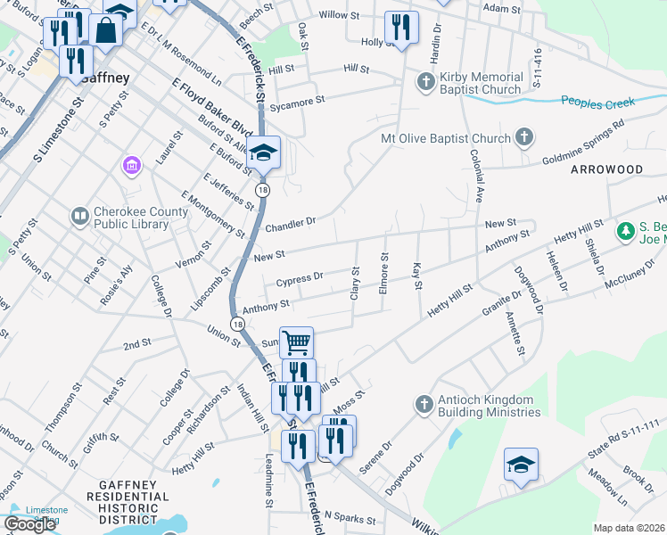 map of restaurants, bars, coffee shops, grocery stores, and more near 112-114 Cypress Drive in Gaffney