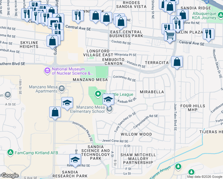 map of restaurants, bars, coffee shops, grocery stores, and more near 11008 Buffalo River Road Southeast in Albuquerque