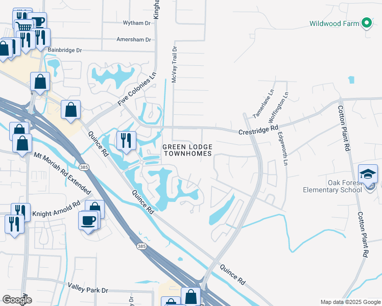 map of restaurants, bars, coffee shops, grocery stores, and more near 3095 Littlefield Cove in Memphis