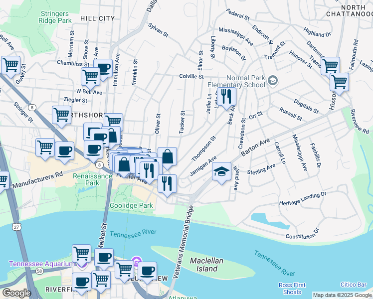 map of restaurants, bars, coffee shops, grocery stores, and more near 315 Tremont Street in Chattanooga