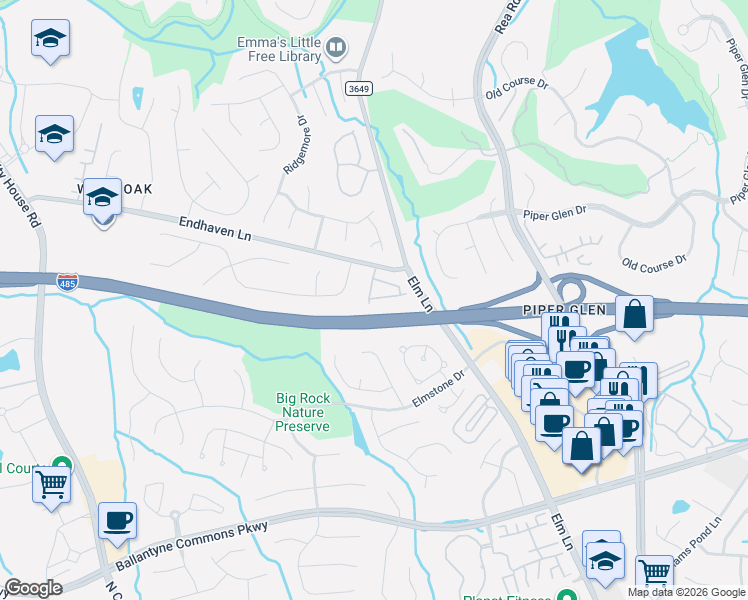 map of restaurants, bars, coffee shops, grocery stores, and more near 10701 Megwood Drive in Charlotte