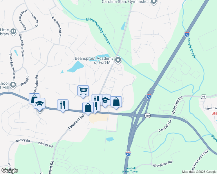 map of restaurants, bars, coffee shops, grocery stores, and more near Archibald Avenue in Fort Mill