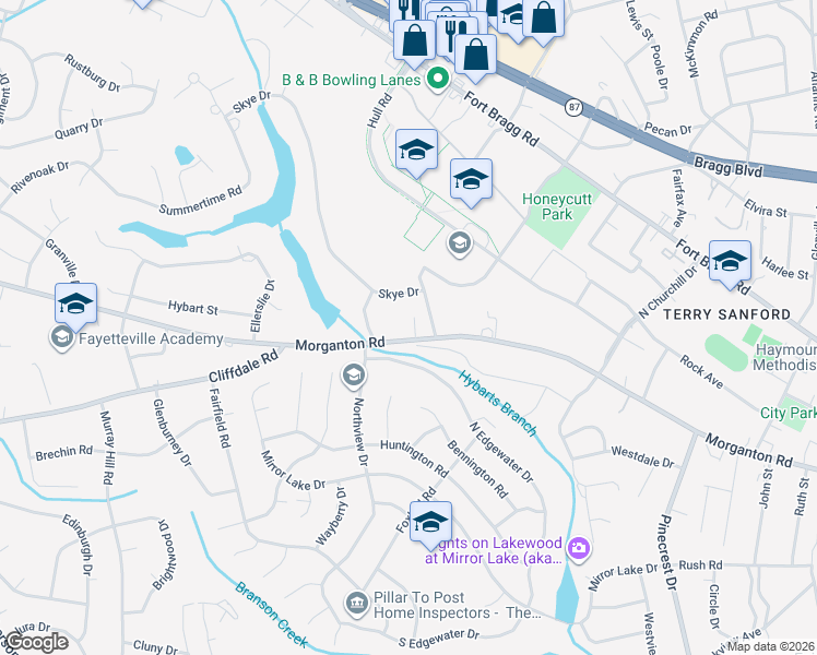 map of restaurants, bars, coffee shops, grocery stores, and more near 2718 Morganton Road in Fayetteville