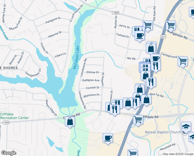 map of restaurants, bars, coffee shops, grocery stores, and more near 6010 Dahlgren Avenue in Fayetteville