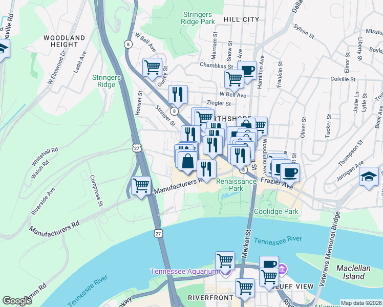 map of restaurants, bars, coffee shops, grocery stores, and more near 104 Stringer Street in Chattanooga