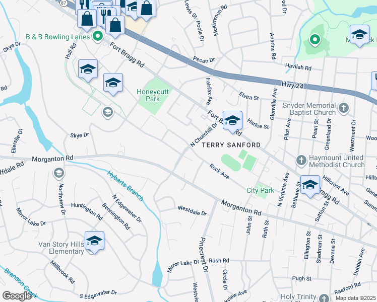 map of restaurants, bars, coffee shops, grocery stores, and more near 204 North Churchill Drive in Fayetteville
