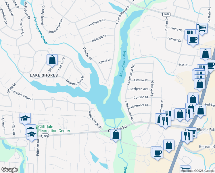 map of restaurants, bars, coffee shops, grocery stores, and more near 498 Lands End Road in Fayetteville