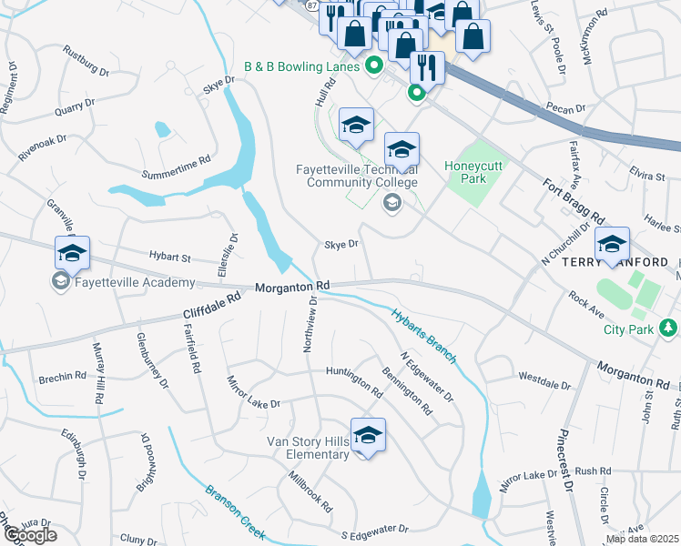 map of restaurants, bars, coffee shops, grocery stores, and more near 2718 Morganton Road in Fayetteville