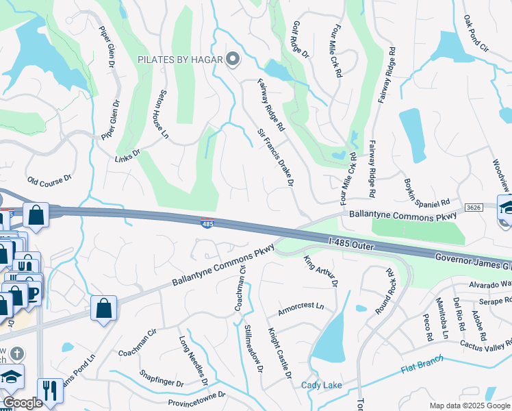 map of restaurants, bars, coffee shops, grocery stores, and more near 7304 Willesden Ln in Charlotte