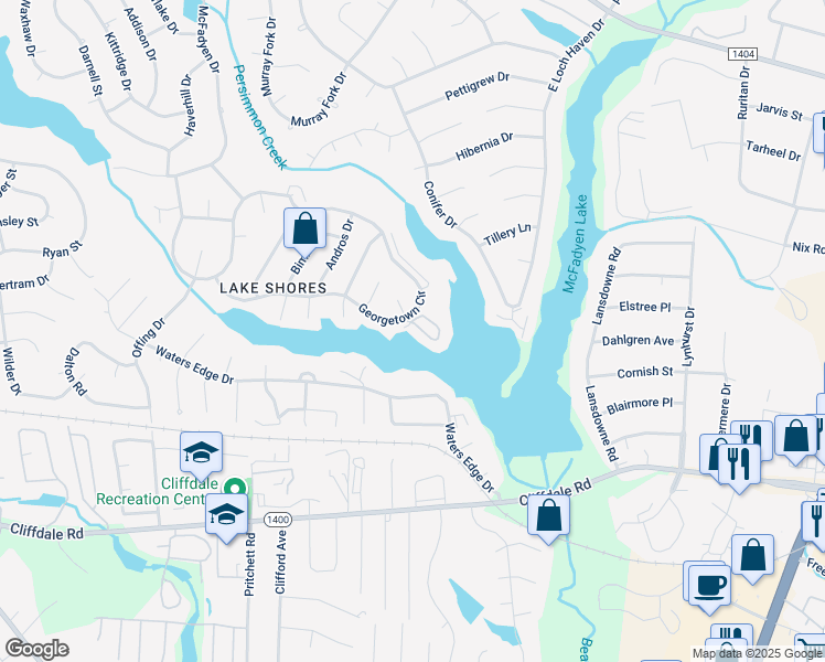 map of restaurants, bars, coffee shops, grocery stores, and more near 605 Georgetown Circle in Fayetteville