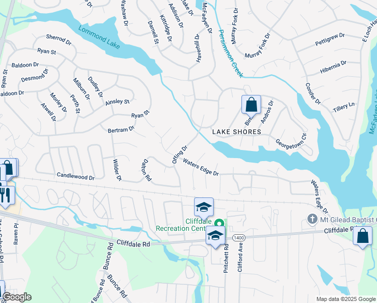 map of restaurants, bars, coffee shops, grocery stores, and more near 366 Offing Drive in Fayetteville