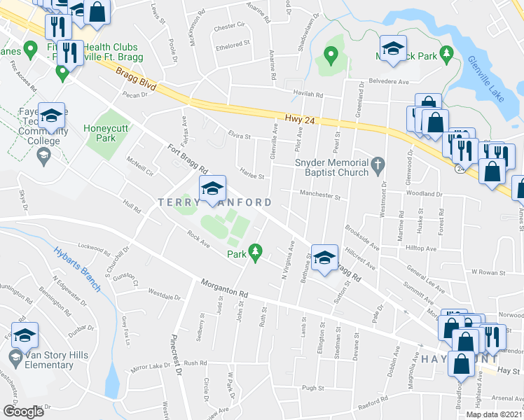 map of restaurants, bars, coffee shops, grocery stores, and more near 1930 Fort Bragg Road in Fayetteville