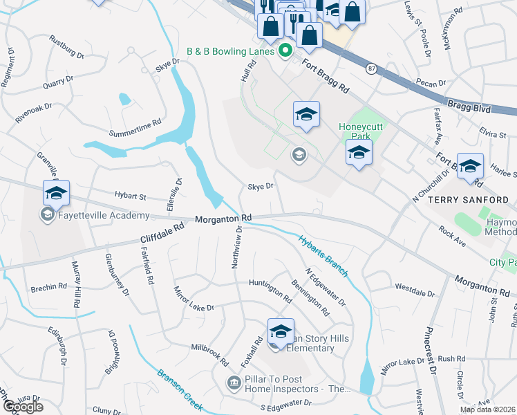 map of restaurants, bars, coffee shops, grocery stores, and more near 2718 Morganton Road in Fayetteville