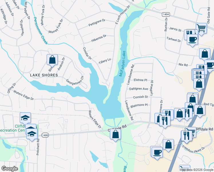 map of restaurants, bars, coffee shops, grocery stores, and more near 488 Lands End Road in Fayetteville