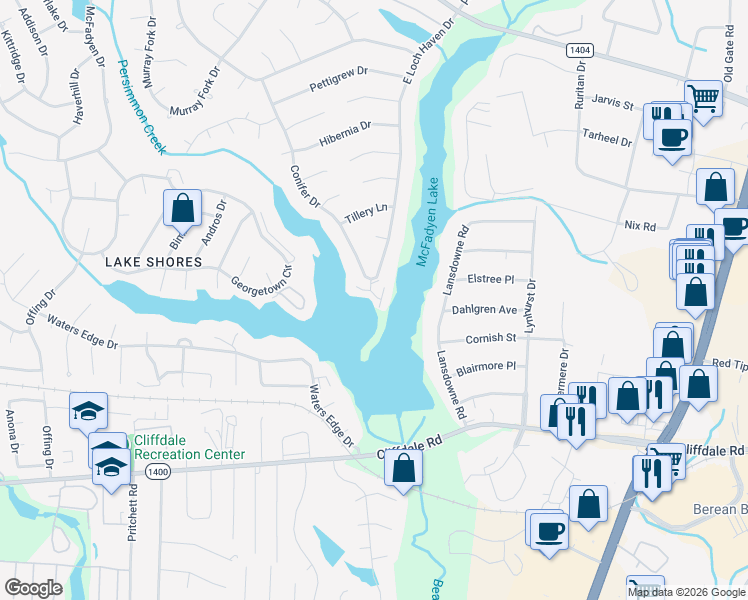 map of restaurants, bars, coffee shops, grocery stores, and more near 498 Lands End Road in Fayetteville