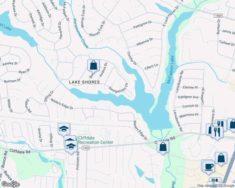 map of restaurants, bars, coffee shops, grocery stores, and more near 605 Georgetown Circle in Fayetteville