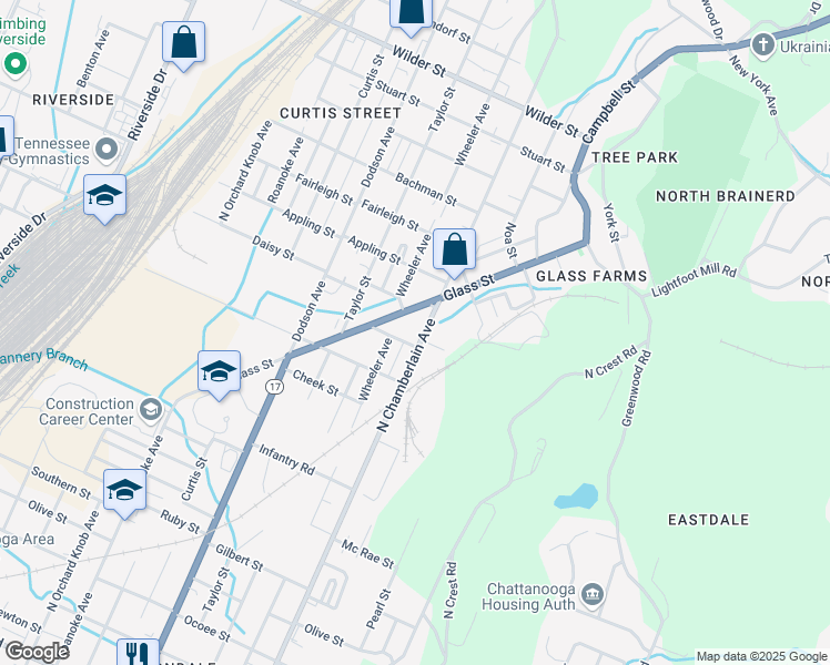 map of restaurants, bars, coffee shops, grocery stores, and more near 2405 North Chamberlain Avenue in Chattanooga