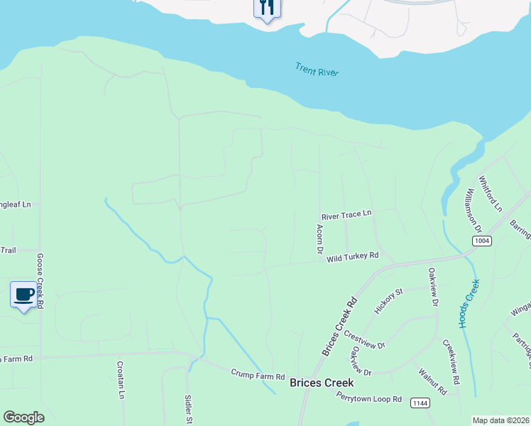 map of restaurants, bars, coffee shops, grocery stores, and more near 115 Ferret Run Lane in New Bern