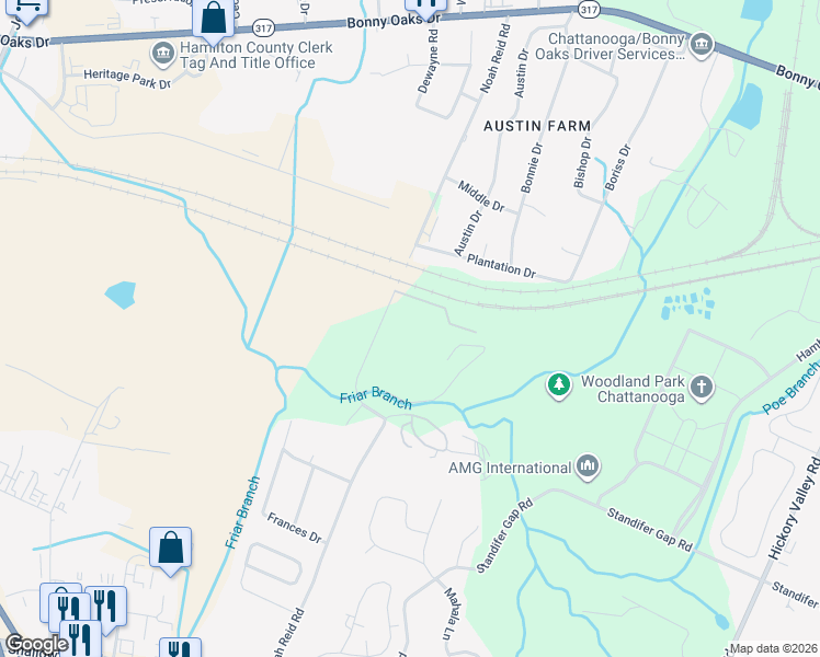 map of restaurants, bars, coffee shops, grocery stores, and more near 7450 Noah Reid Road in Chattanooga