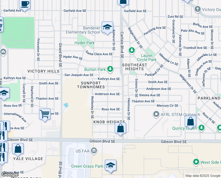 map of restaurants, bars, coffee shops, grocery stores, and more near 1012 Amherst Drive Southeast in Albuquerque