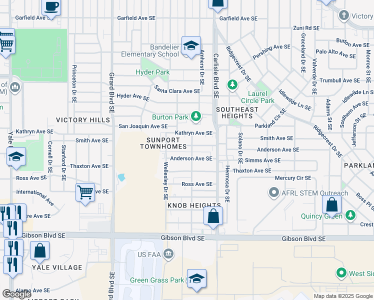 map of restaurants, bars, coffee shops, grocery stores, and more near 1012 Amherst Drive Southeast in Albuquerque