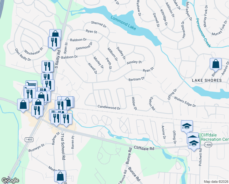 map of restaurants, bars, coffee shops, grocery stores, and more near 6940 Timberwood Drive in Fayetteville