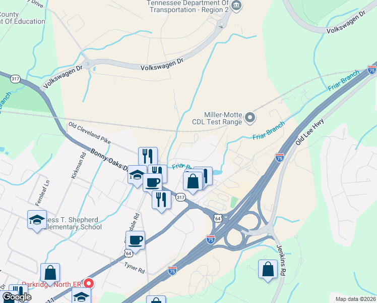 map of restaurants, bars, coffee shops, grocery stores, and more near 7413 Old Cleveland Pike in Chattanooga