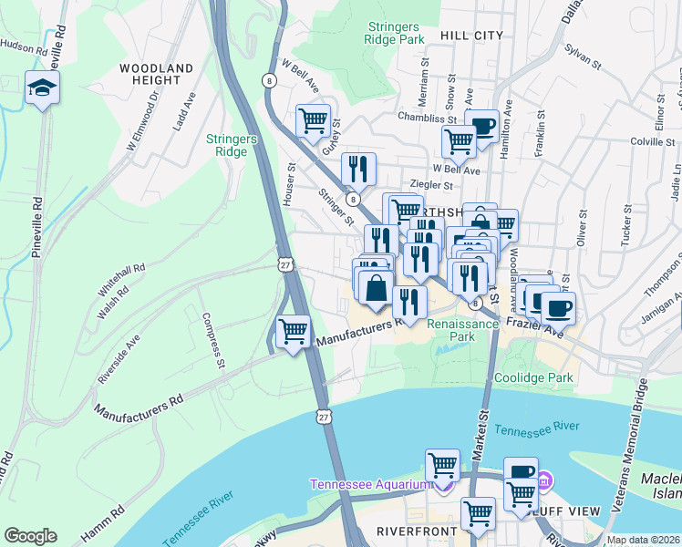 map of restaurants, bars, coffee shops, grocery stores, and more near 101 Stringer Street in Chattanooga