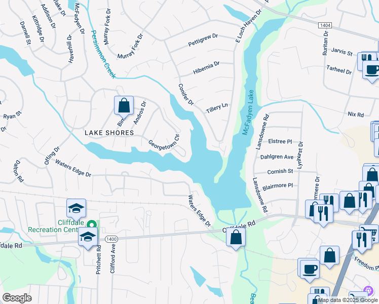 map of restaurants, bars, coffee shops, grocery stores, and more near 3332 Harbour Pointe Place in Fayetteville