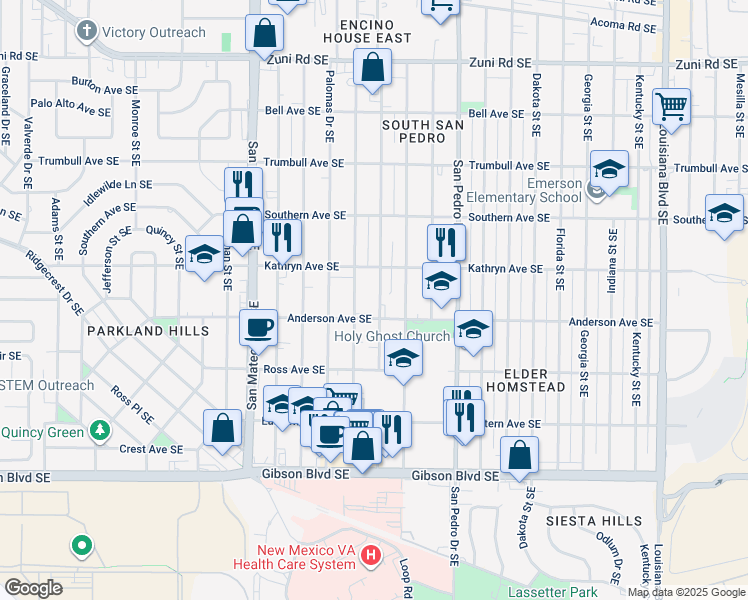 map of restaurants, bars, coffee shops, grocery stores, and more near 5851 Anderson Avenue Southeast in Albuquerque