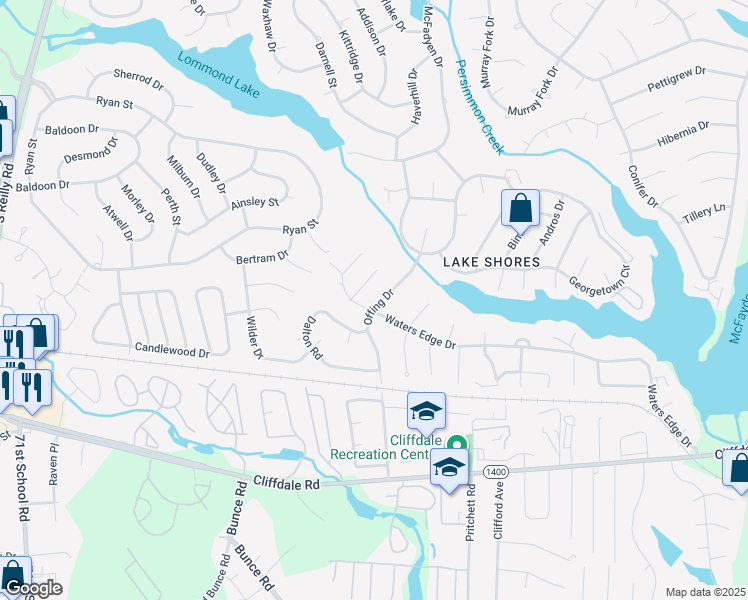 map of restaurants, bars, coffee shops, grocery stores, and more near 5933 Waters Edge Drive in Fayetteville