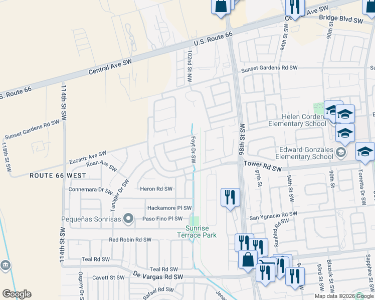 map of restaurants, bars, coffee shops, grocery stores, and more near 10308 Guthrie Avenue Southwest in Albuquerque