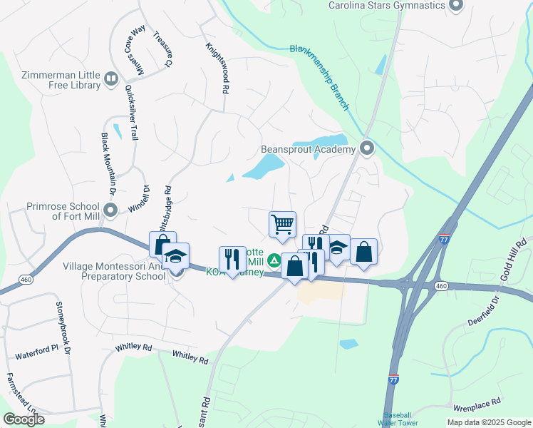 map of restaurants, bars, coffee shops, grocery stores, and more near 1037 Willow Bend Drive in Fort Mill