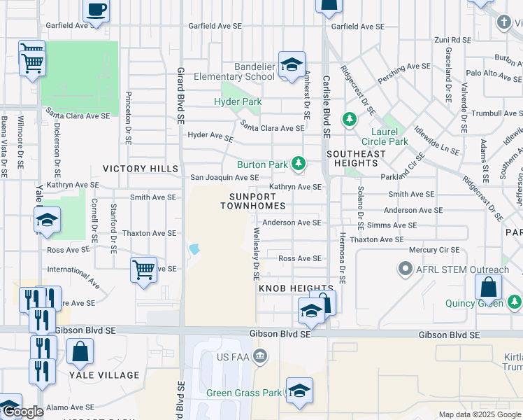 map of restaurants, bars, coffee shops, grocery stores, and more near 3402 Smith Avenue Southeast in Albuquerque