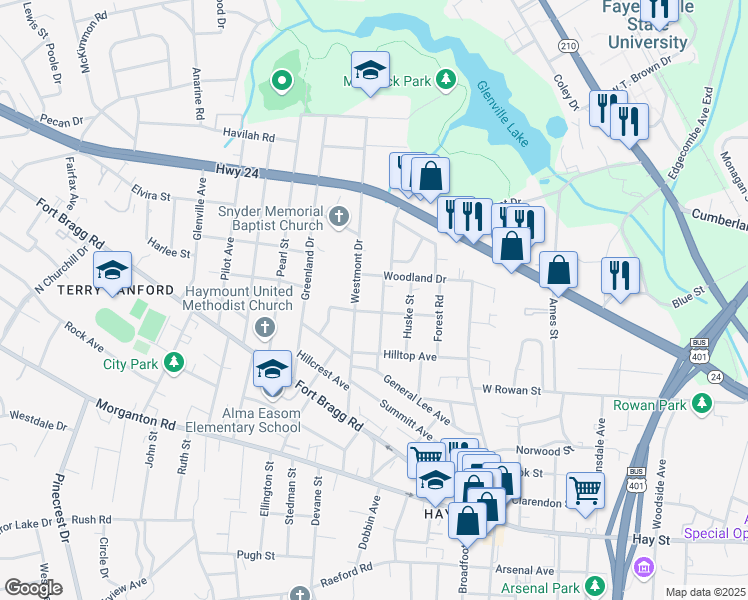 map of restaurants, bars, coffee shops, grocery stores, and more near 603 Martine Road in Fayetteville