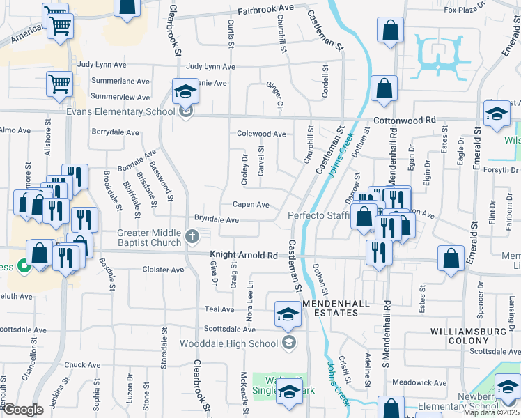 map of restaurants, bars, coffee shops, grocery stores, and more near 5091 Capen Avenue in Memphis