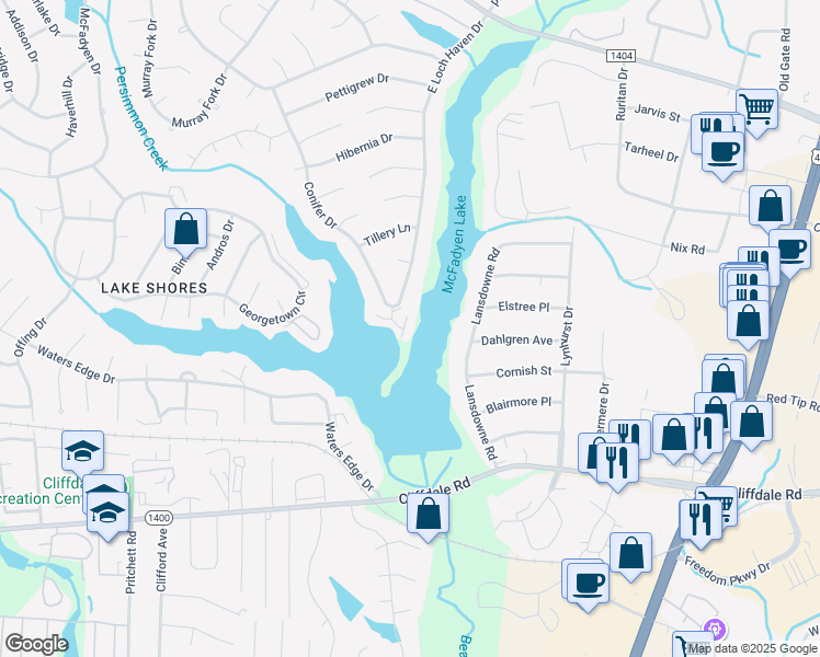 map of restaurants, bars, coffee shops, grocery stores, and more near 449 Lands End Road in Fayetteville