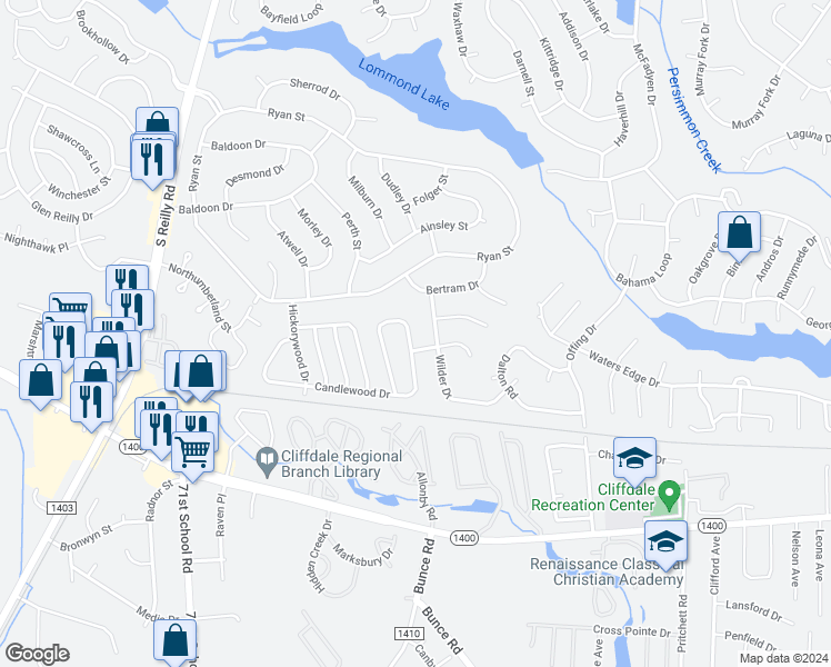 map of restaurants, bars, coffee shops, grocery stores, and more near 6851 Candlewood Drive in Fayetteville