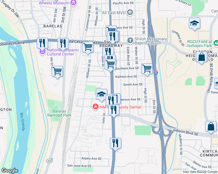 map of restaurants, bars, coffee shops, grocery stores, and more near 1901 Broadway Boulevard Southeast in Albuquerque