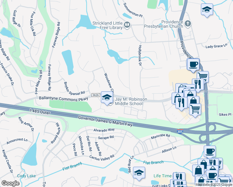 map of restaurants, bars, coffee shops, grocery stores, and more near 10423 Woodview Circle in Charlotte