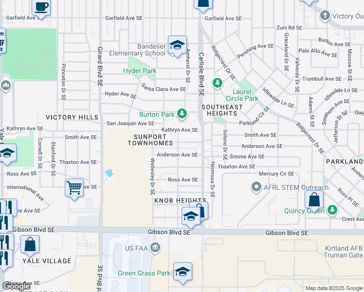 map of restaurants, bars, coffee shops, grocery stores, and more near 1012 Amherst Drive Southeast in Albuquerque