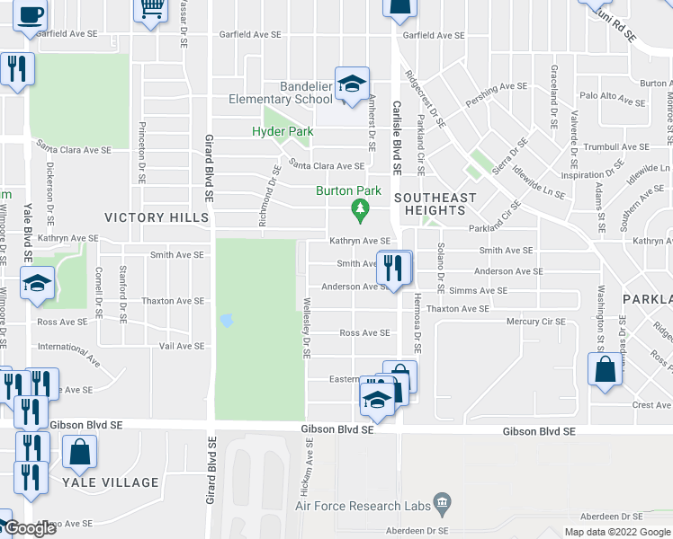 map of restaurants, bars, coffee shops, grocery stores, and more near 3409 Anderson Avenue Southeast in Albuquerque